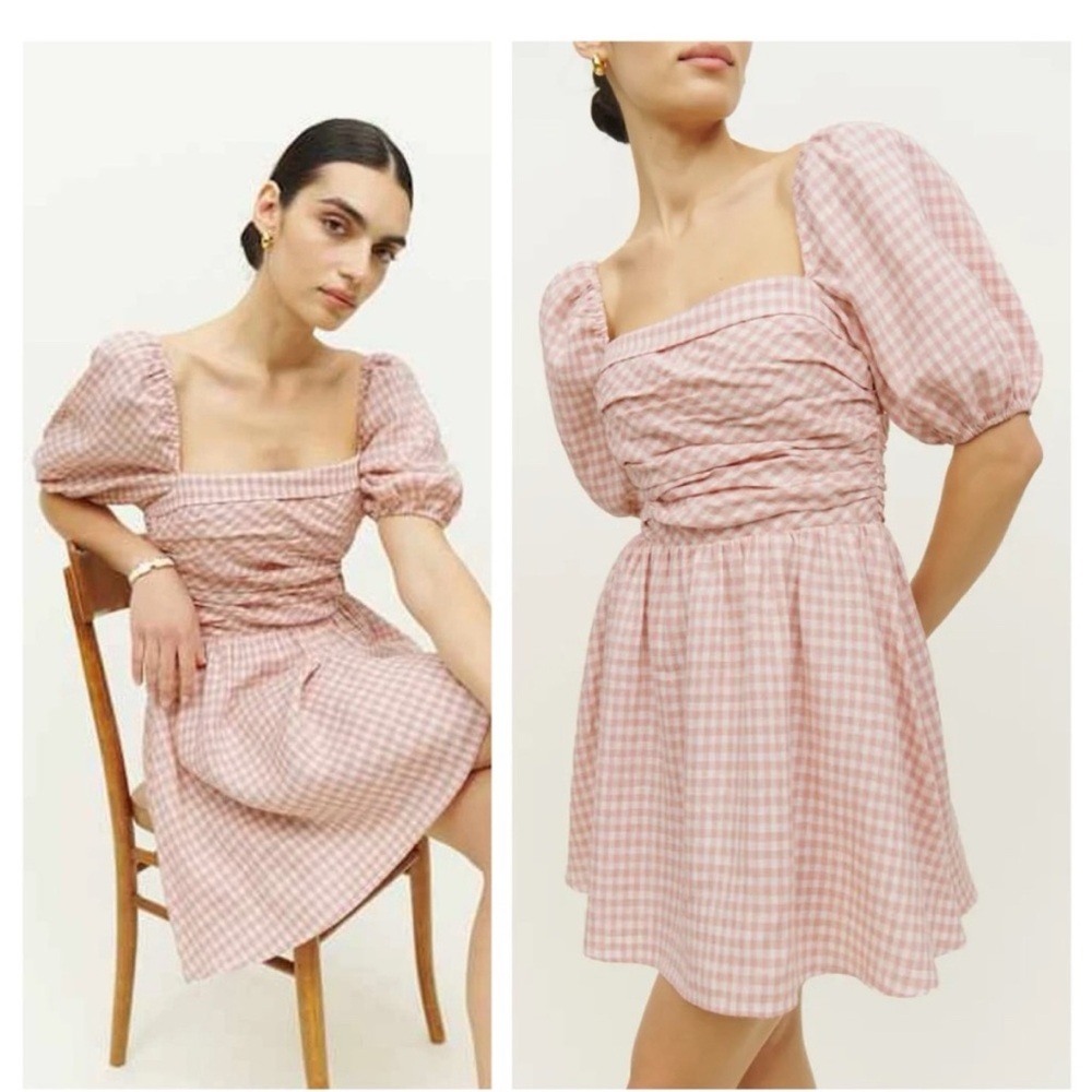 Reformation Linen Pink Gingham Puff Sleeve Dress